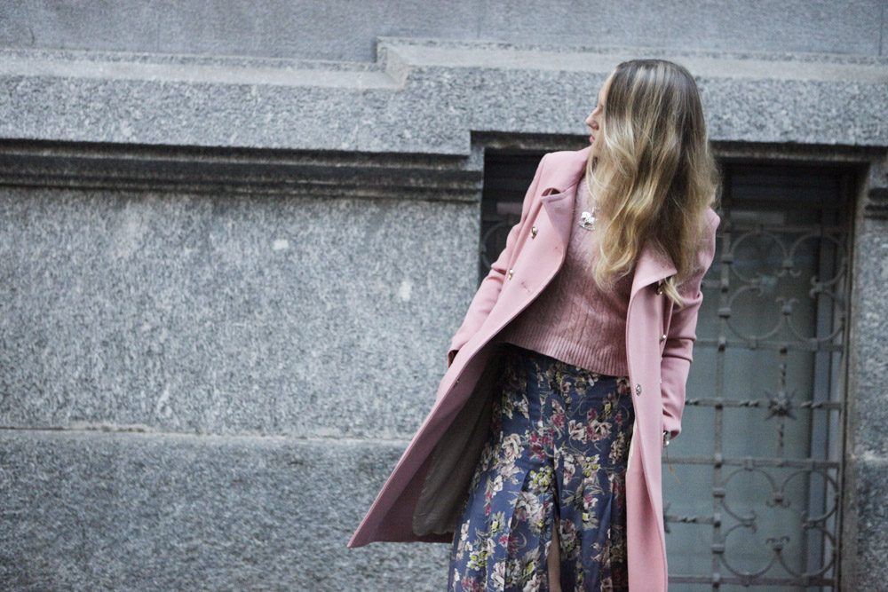 pink coat and long skirt